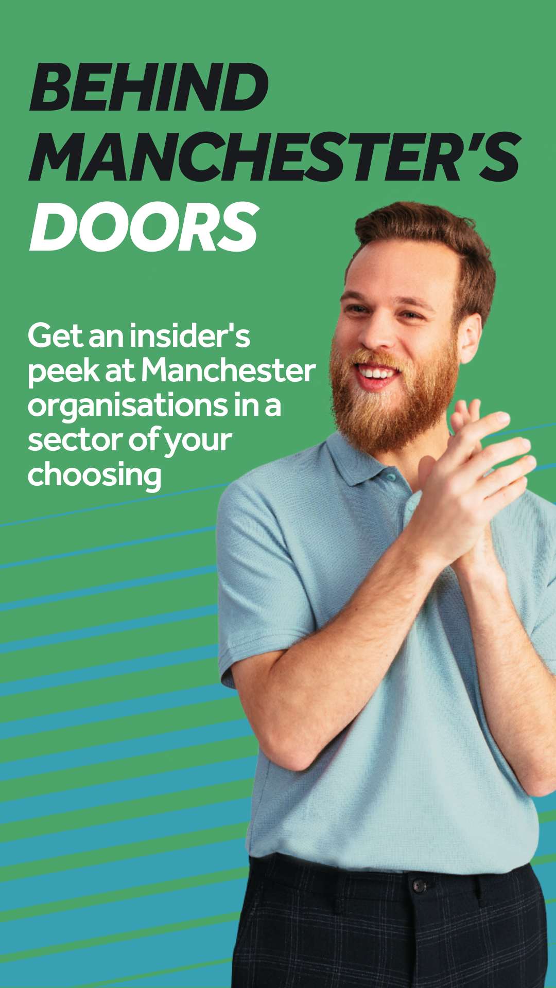 Student smiling with wording promoting Behind Manchester's Doors