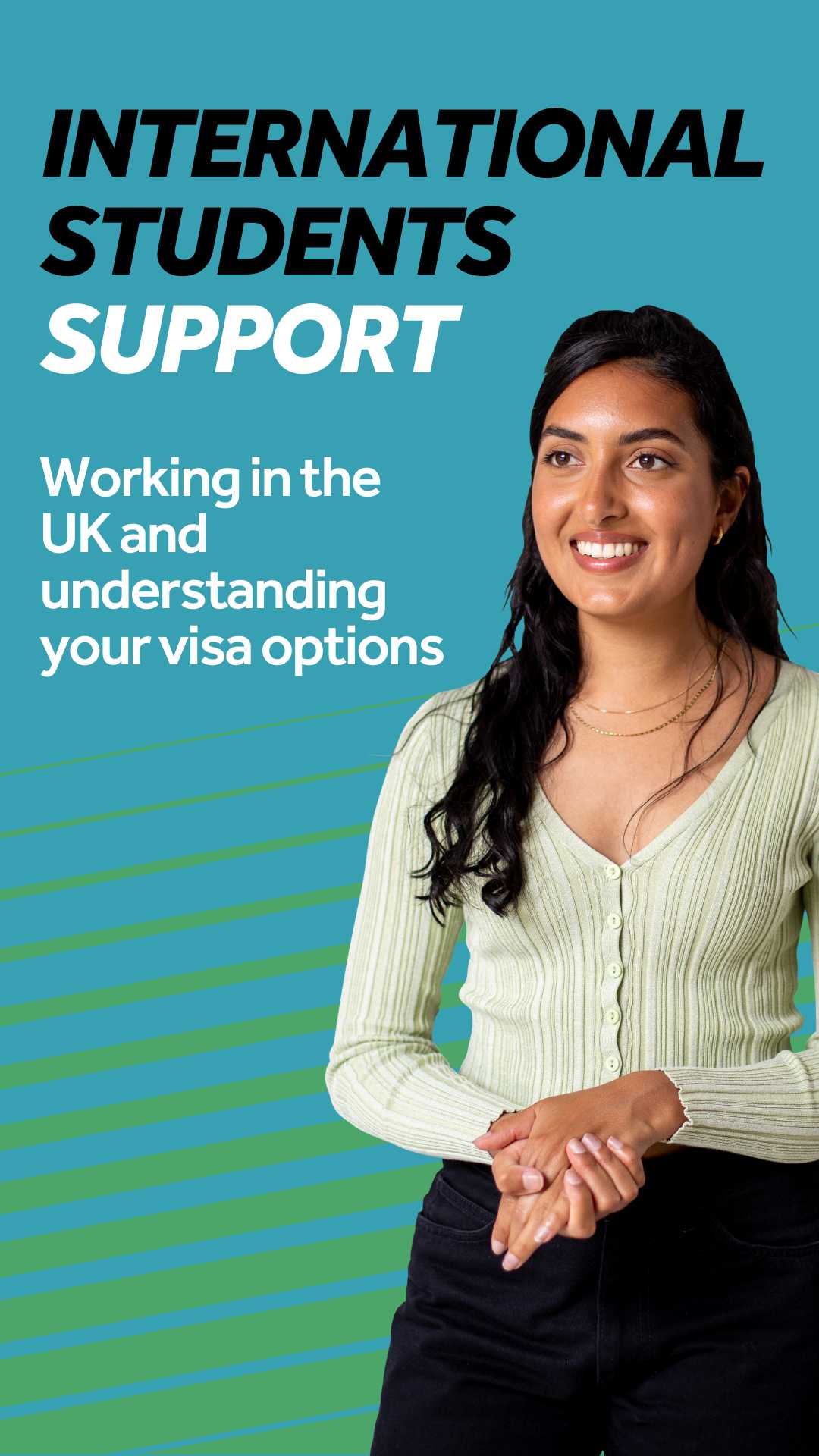 Image of girl against blue background smiling. Text reads: International Students Support