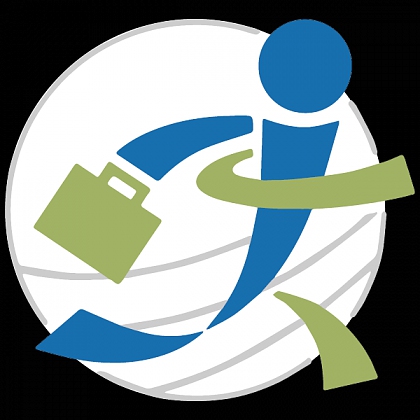 GoinGlobal logo graphic image of a person running carrying a case