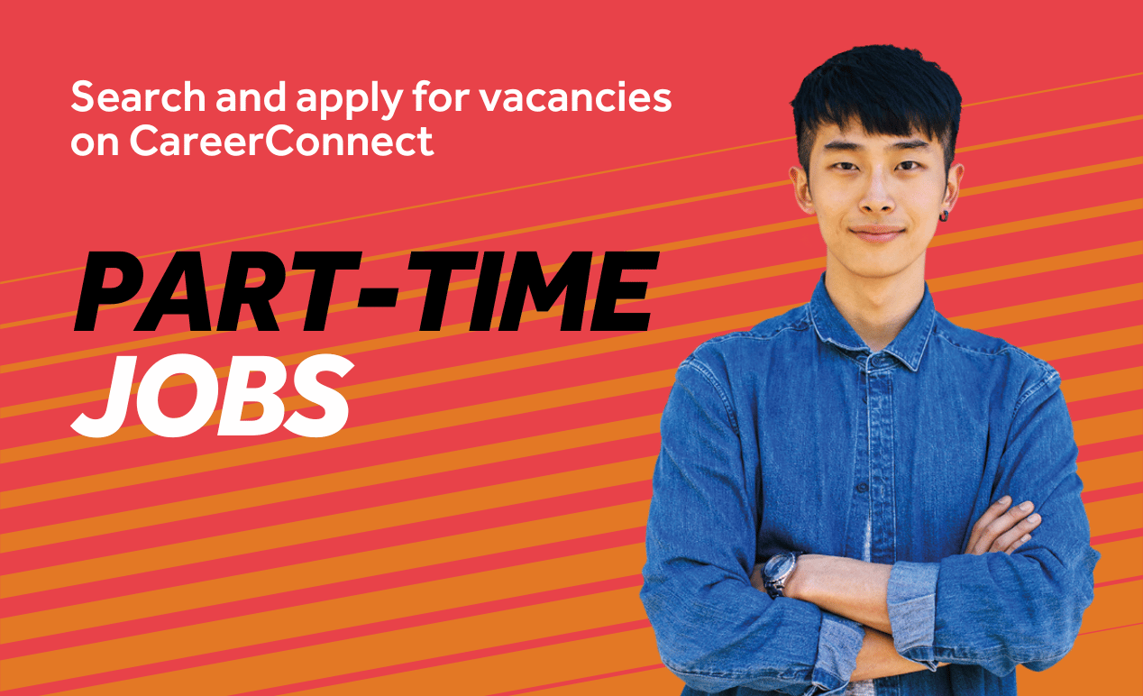 Red background with orange diagonal lines. Image features a smiling student. Text reads: Search and apply for vacancies on CareerConnect.