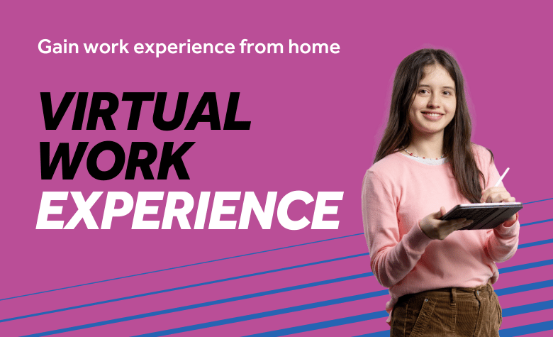 Light purple background with blue diagonal lines. Image features a smiling student. Text reads Virtual work experience. Gain work experience from home