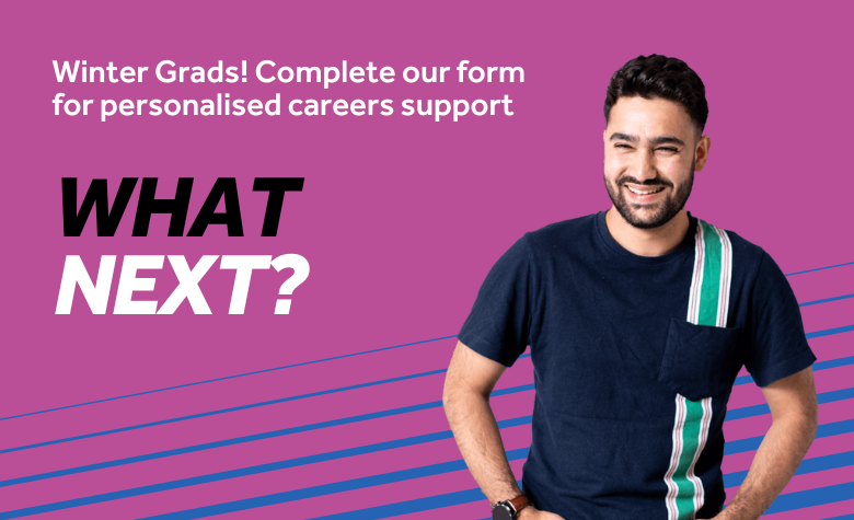 Purple background with blue diagonal lines. Image features a student stood smiling. Text reads: Get personalised careers support straight to your inbox 
 
