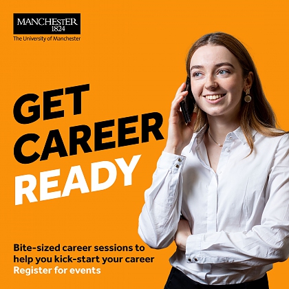 black and white slanted text reads: "GET CAREER READY" on an orange background. A girl talks on the phone.