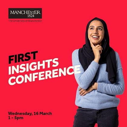 Woman with thoughtful posture on red background. Text reading First insights conference WEdnesday 16 March 1-5pm