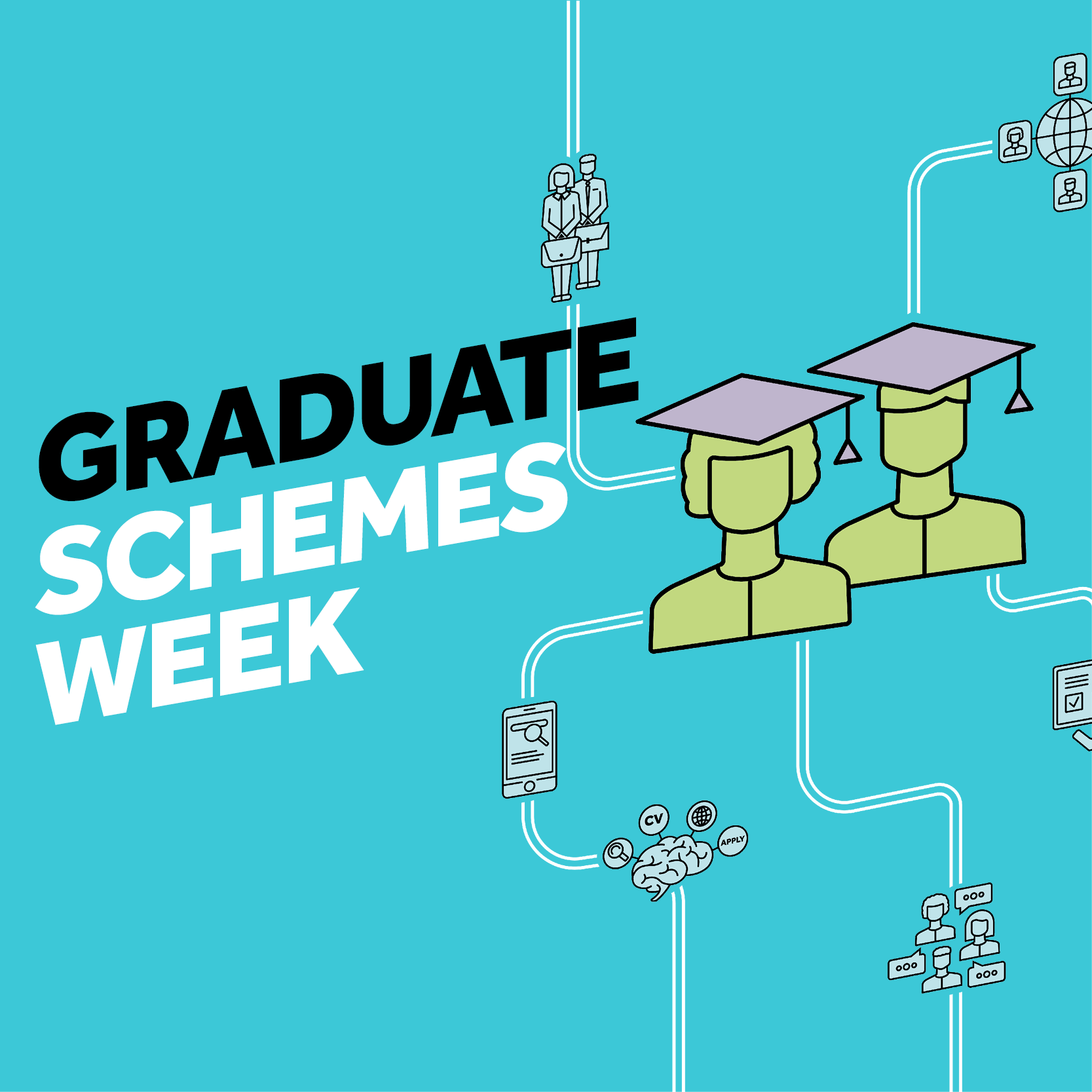 The words Graduate Schemes Week on a blue background with a graphic of a man and woman in graduation mortar boards