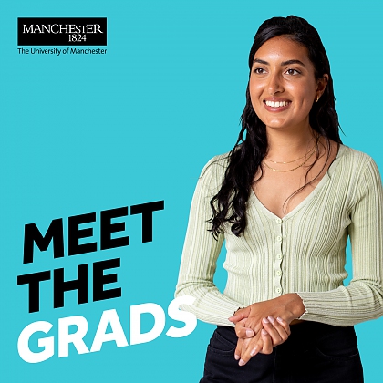 Blue background with a woman with long hair smiling- text reads meet the grads