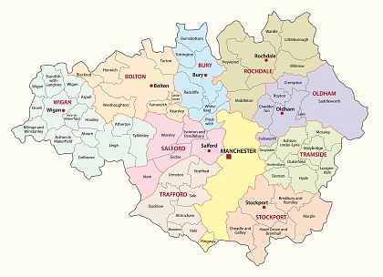 Map of the Greater Manchester region showing names of towns