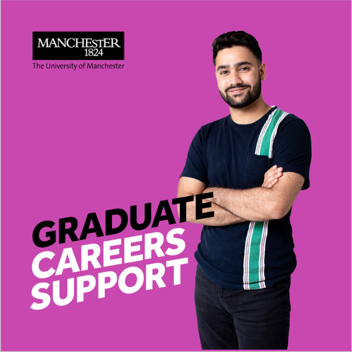 "Graduate careers support" next to male student folding his arms against purple background